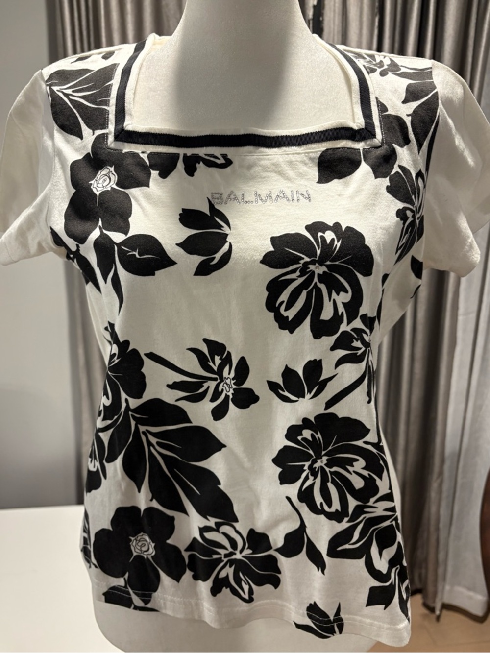 Balmain Black & White Floral Square-Neck Short Sleeve Top